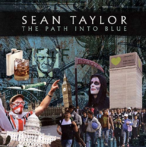 "Album cover with collage of images including people, landmarks, and text on blue background."