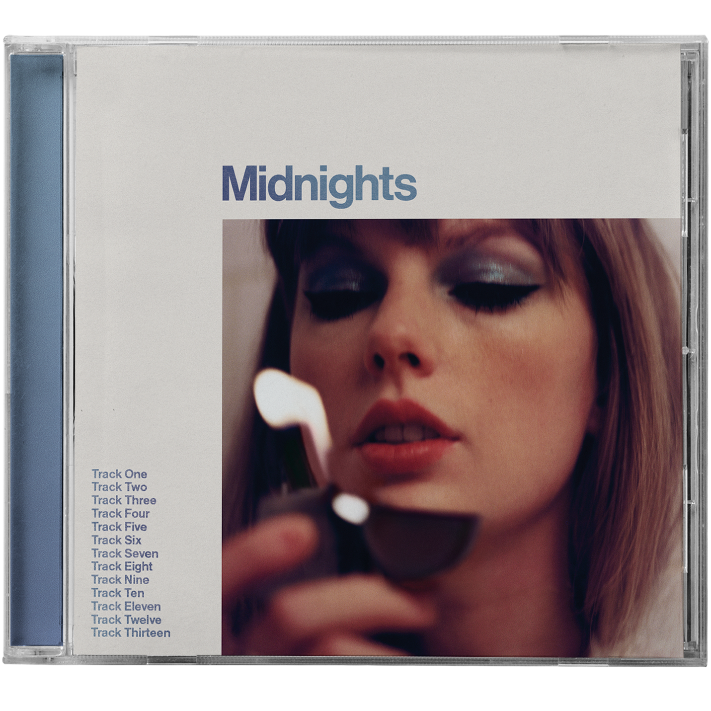 Taylor Swift’s “Midnights” CD case with a portrait and tracklist.