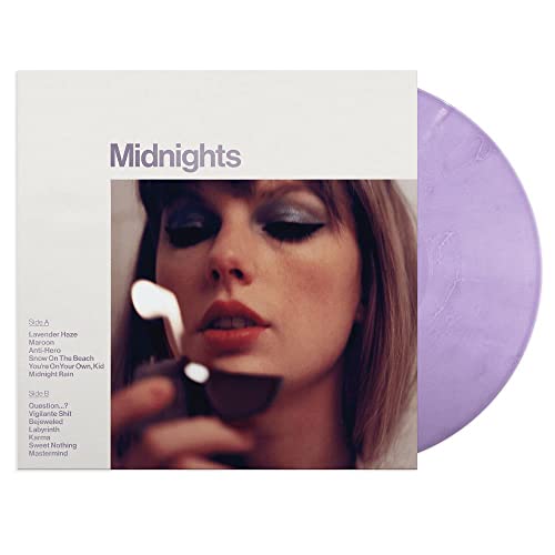 Taylor Swift's Midnights album on vinyl record, dark cover art.