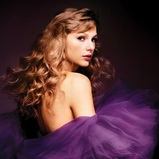 Taylor Swift looking over her shoulder wearing a purple tulle dress in a CD case.