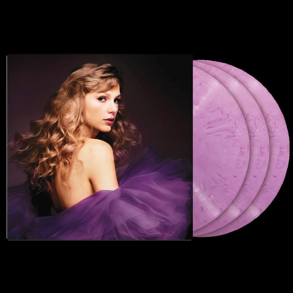 Taylor Swift album cover and three lilac vinyl records shown.