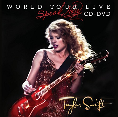 Taylor Swift performing on stage with a red electric guitar for Speak Now Live.