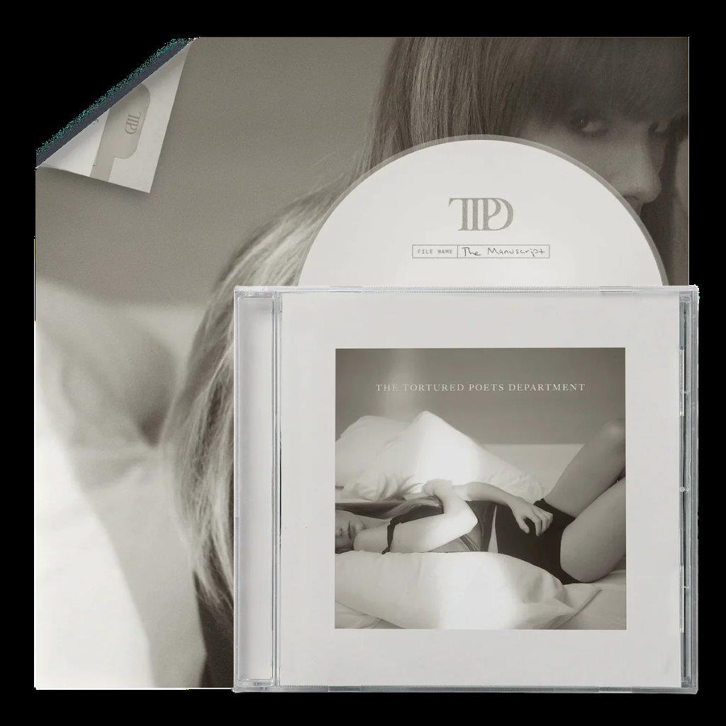 Taylor Swift’s “The Tortured Poets Department” CD case with black and white imagery.
