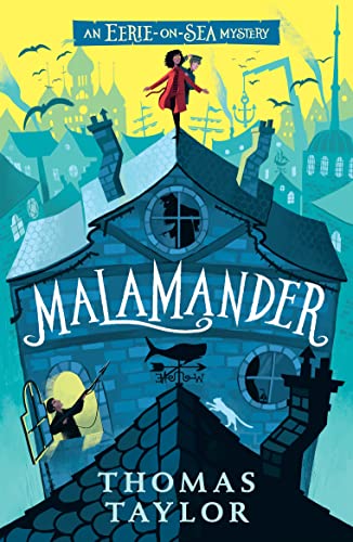 Book cover: illustrated townscape, child on rooftop, and large title "Malamander".