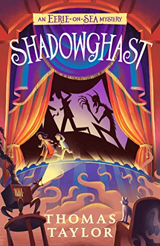 Book cover: shadow puppet of a monster, two children running, ornate stage.
