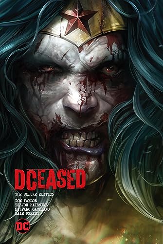 Zombie Wonder Woman with bloodied face on “Dceased” comic book cover.