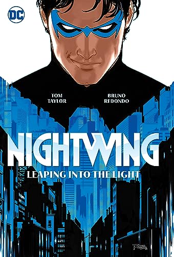 Nightwing comic book cover featuring a close-up of Nightwing above a blue city skyline.