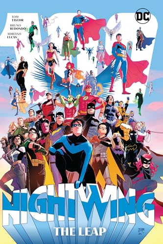 Nightwing and a large group of DC superheroes in a dynamic pose.