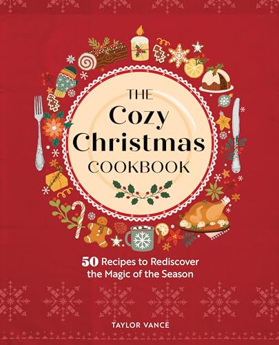 Red cookbook cover with Christmas illustrations, title “The Cozy Christmas Cookbook”.