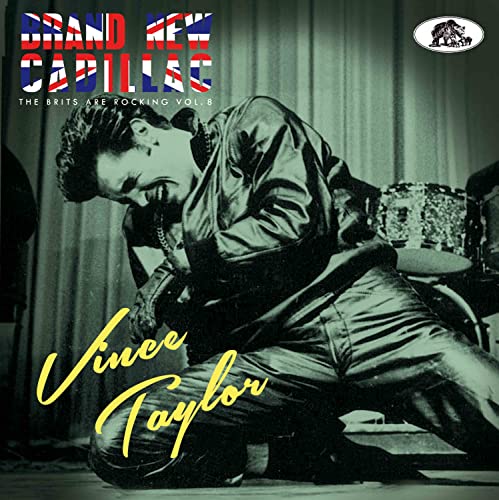 Vince Taylor performing with a microphone, album cover for "Brand New Cadillac.