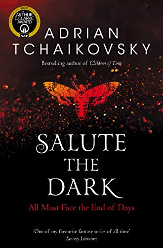 Book cover: "Salute the Dark" with a red moth against a dark background.