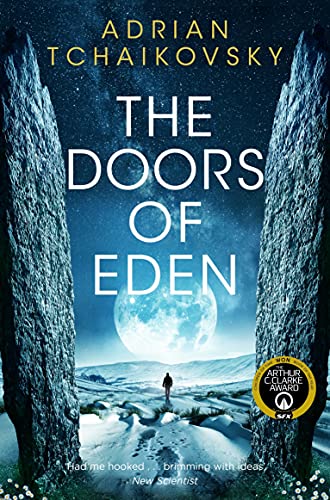 Book cover showing a person walking between two stone monoliths under a bright moon.