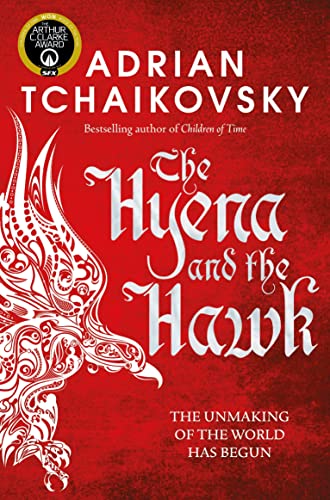 Book cover for The Hyena and the Hawk with a white hawk illustration on red.