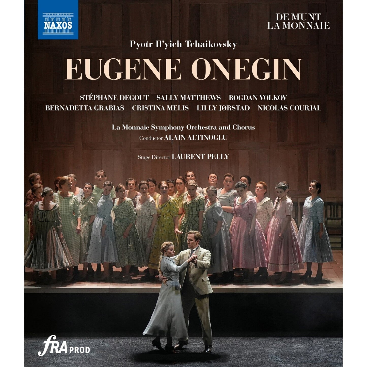 Blu-ray cover for Tchaikovsky’s “Eugene Onegin” opera, featuring a stage scene.
