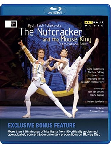 Blu-ray cover for Tchaikovsky’s “The Nutcracker” featuring ballet dancers.
