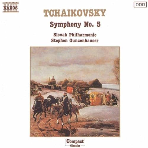 CD cover for Tchaikovsky’s Symphony No. 5, winter scene with horses.