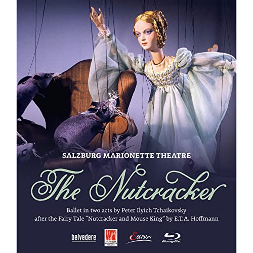 Blu-ray cover for Tchaikovsky’s “The Nutcracker” featuring marionettes and mice.