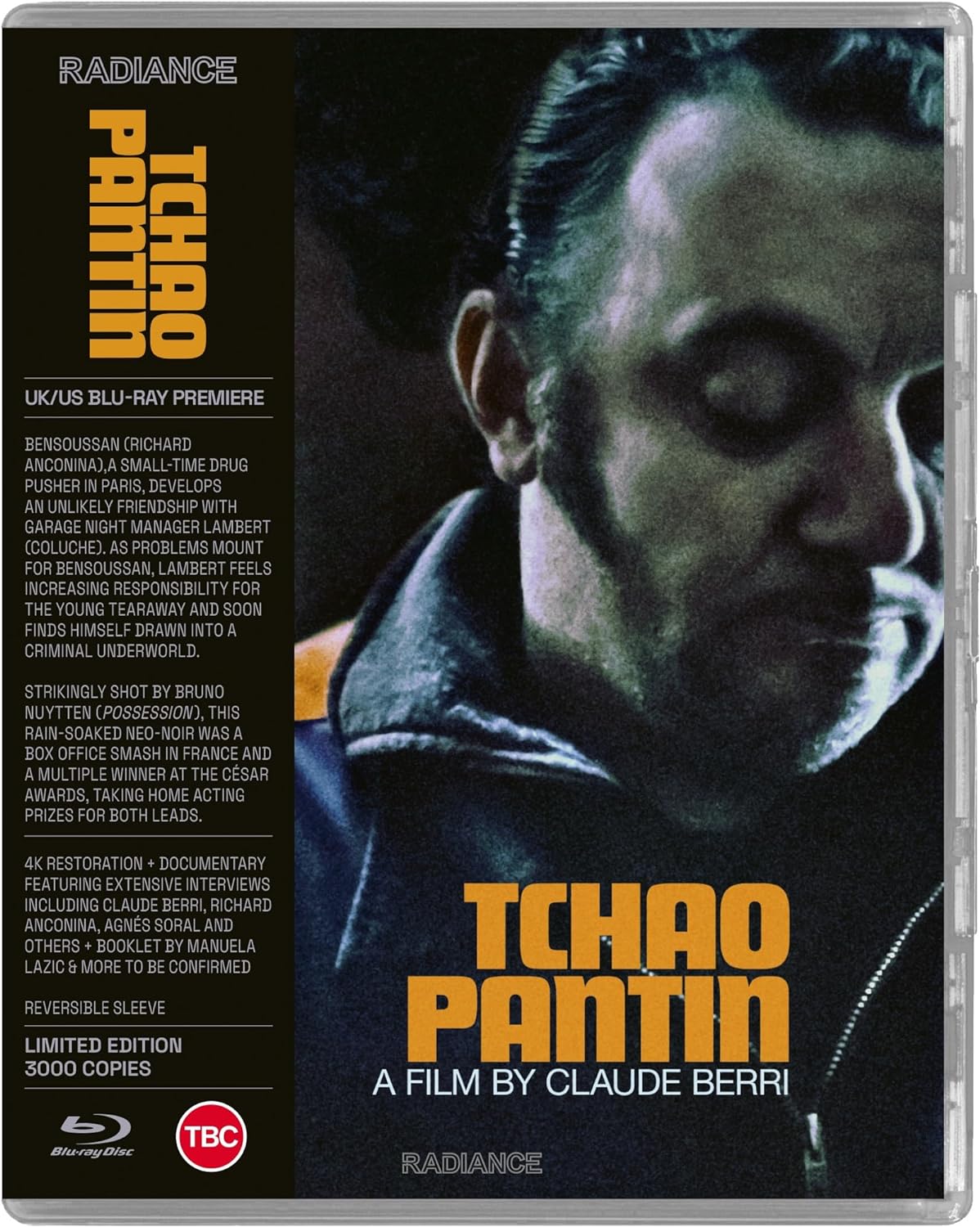 Blu-ray cover for Tchao Pantin featuring a man's portrait and yellow text on black.