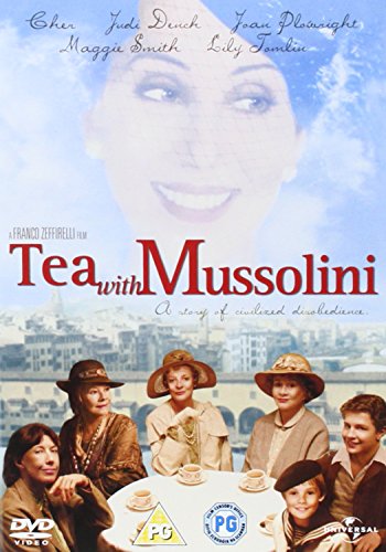 Tea With Mussolini" DVD cover featuring actresses and a city scene.