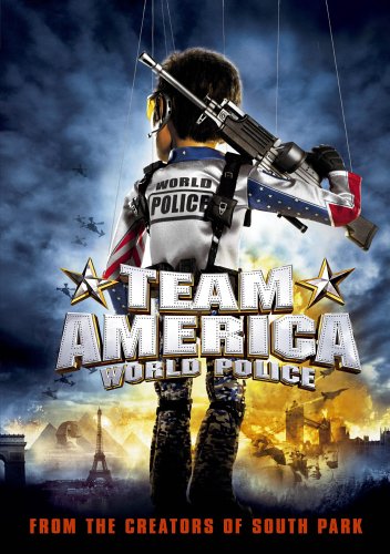 Puppet with gun, explosions, and landmarks; "Team America" DVD cover.