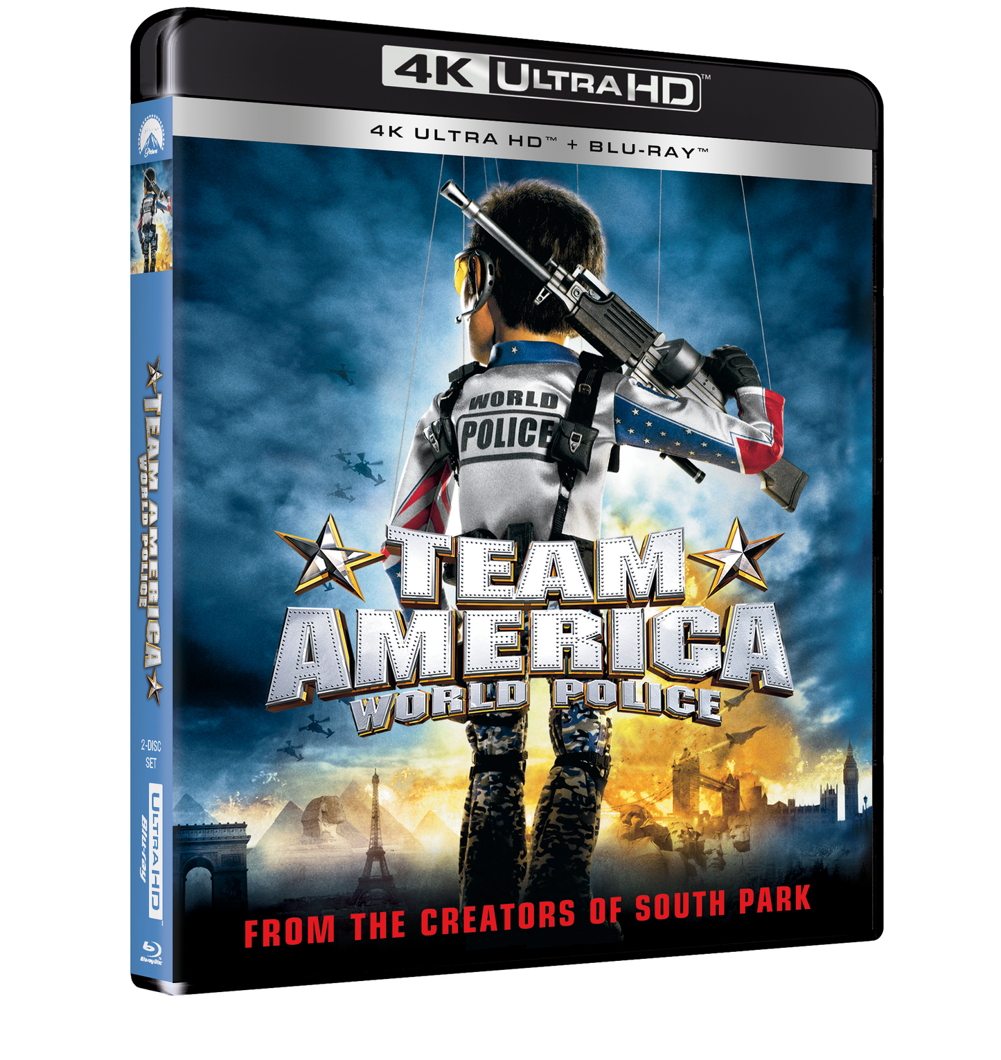 Team America" 4K UHD Blu-ray case featuring a puppet police officer.