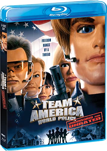 Team America World Police" Blu-ray cover with puppet characters and action scene.