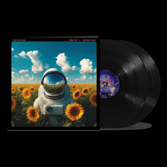 Tears For Fears album cover with astronaut in a sunflower field, vinyl record.