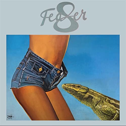 Album cover featuring a person in denim shorts and a lizard.