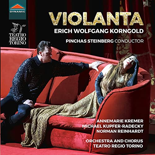 CD cover for Korngold’s “Violanta” opera, featuring dramatic scene imagery.