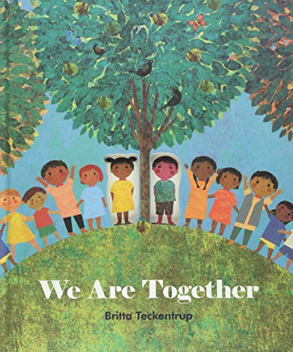 Children of diverse skin tones holding hands under a tree.