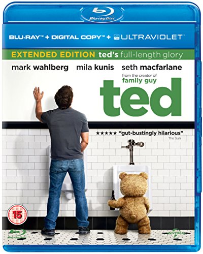 Blu-ray cover for "Ted" featuring a man and teddy bear in a restroom.