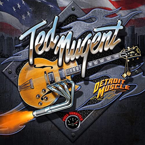 Ted Nugent album cover featuring a guitar, exhaust pipes, and city skyline.