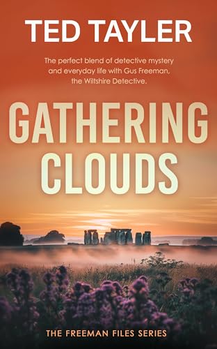 Book cover: "Gathering Clouds" with Stonehenge silhouetted in a misty landscape.