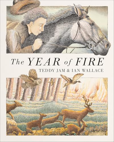 Book cover: man with horse, forest fire, and fleeing animals.