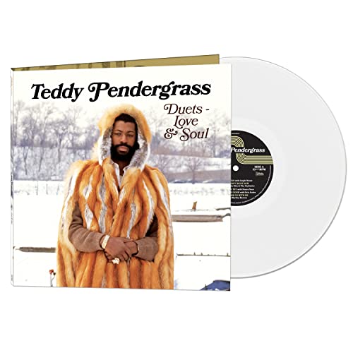 Teddy Pendergrass album cover and white vinyl record on white background.