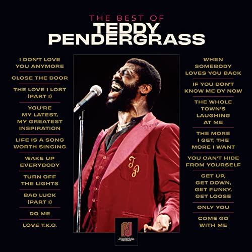 Teddy Pendergrass singing into a microphone, flanked by track lists on a black background.
