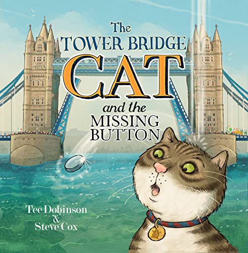 Colorful children's book cover featuring a cat and Tower Bridge, with a missing button.