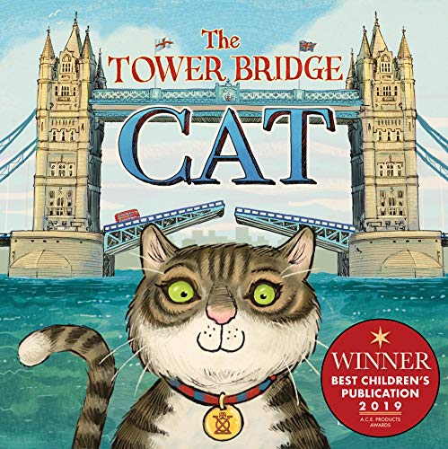 Illustrated cat sitting on or beside iconic Tower Bridge in London, likely in colorful artwork.