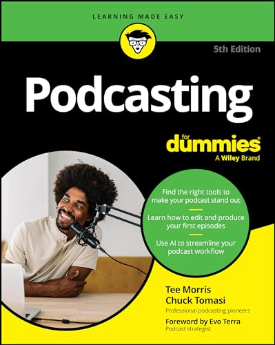 Book cover for Podcasting For Dummies 5th Edition featuring a person speaking into a microphone.