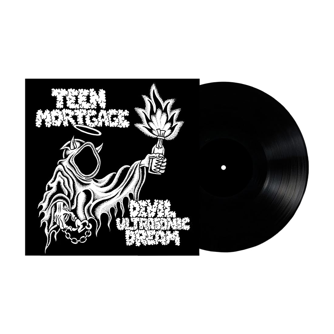 Black vinyl record with black and white illustration of a devilish figure.