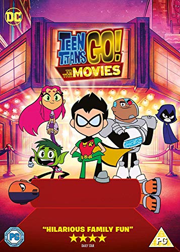 Teen Titans Go movie poster with cartoon characters standing on a red carpet.