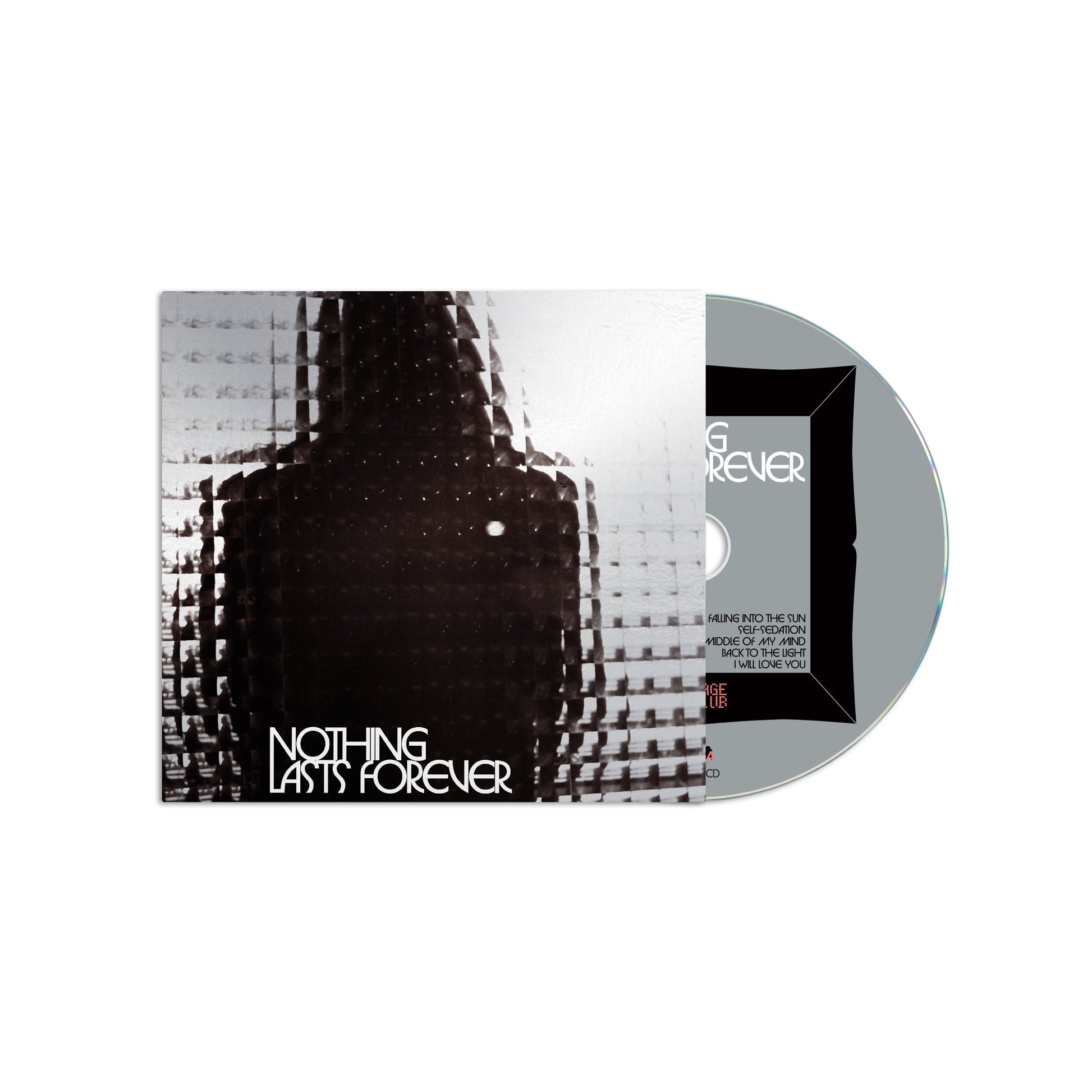 "CD case with black and white cover art and partially visible disc."