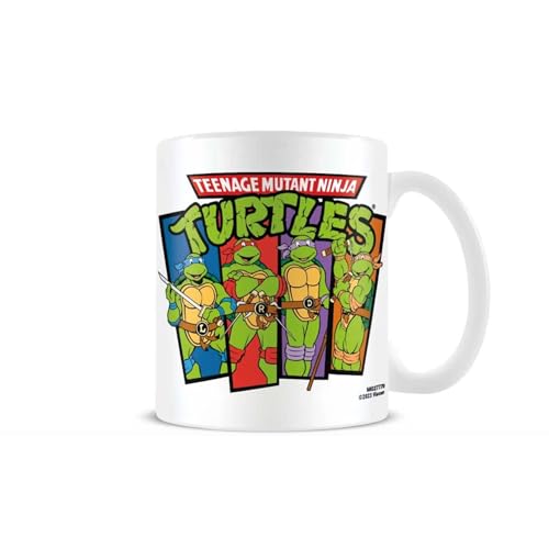 White ceramic mug featuring the Teenage Mutant Ninja Turtles in action.