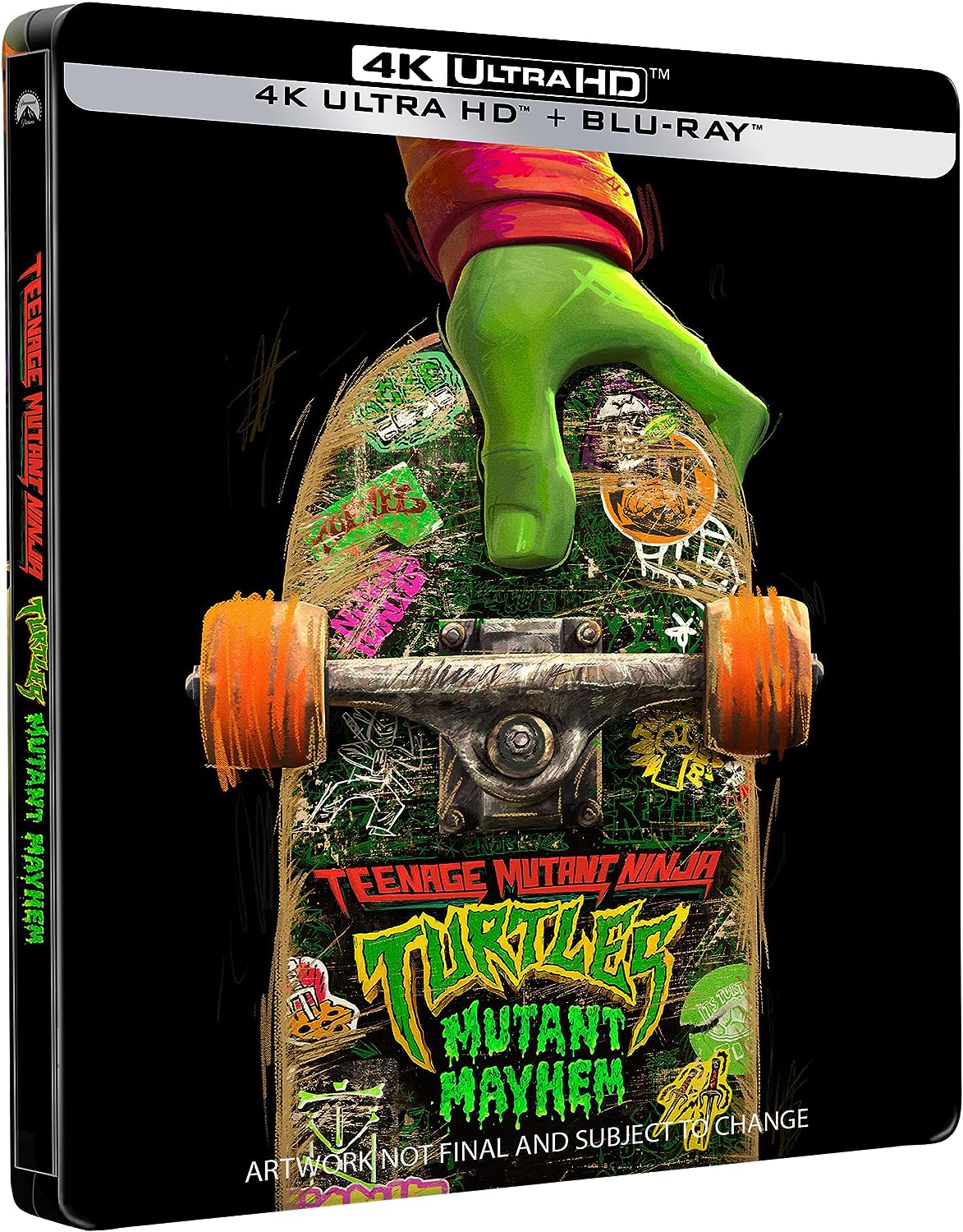 SteelBook Blu-ray case featuring a green turtle hand on a skateboard.