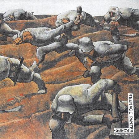 Stylized painting of soldiers resembling tanks in a sandy landscape.