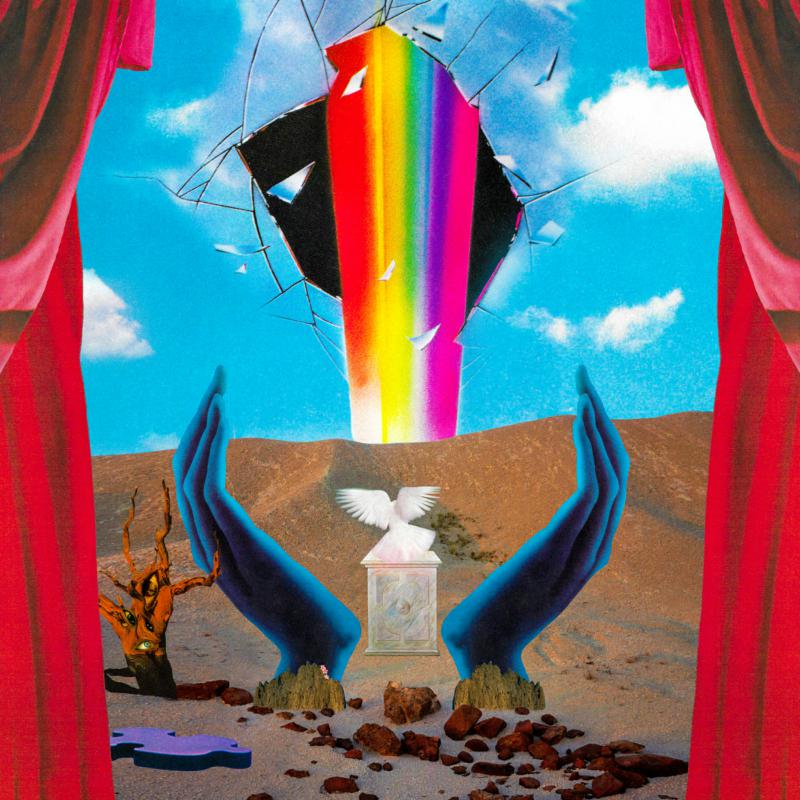 Surreal collage with rainbow, hands, birds, and a desolate landscape.
