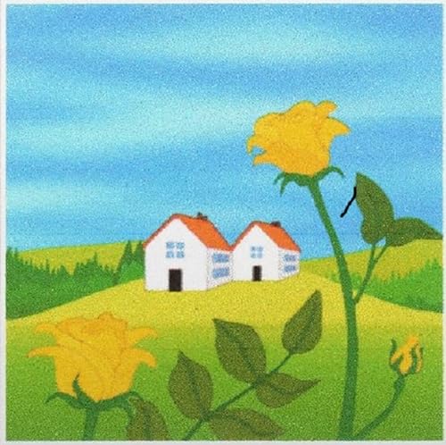 Painted vinyl record cover with houses, a yellow flower, and green fields.