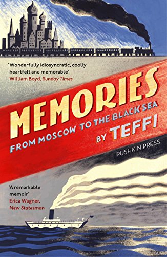 Book cover: stylized train, city skyline, and ship with red and gray tones.