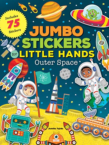 Outer space sticker book cover with planets, rockets, astronauts, and robots.