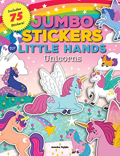 Colorful sticker book cover featuring various cartoon unicorns and rainbows.